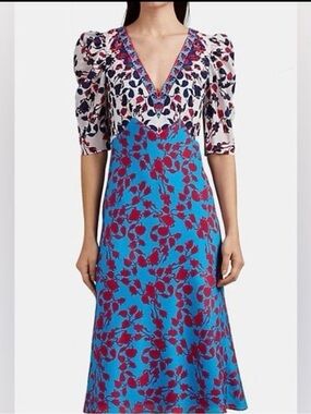 SALONI Two-Tone Floral V-Neck Midi Dress in Blue and Red